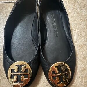 Tory Burch Black Flats with Gold Emblem